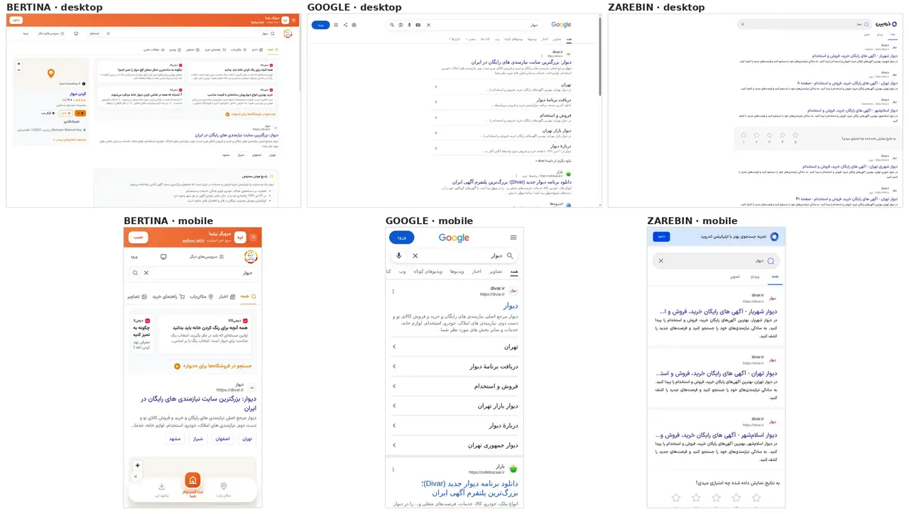 صفحهٔ نتایج «دیوار» در برتینا، گوگل و ذرهبین؛ بالا دسکتاپ، پایین موبایل